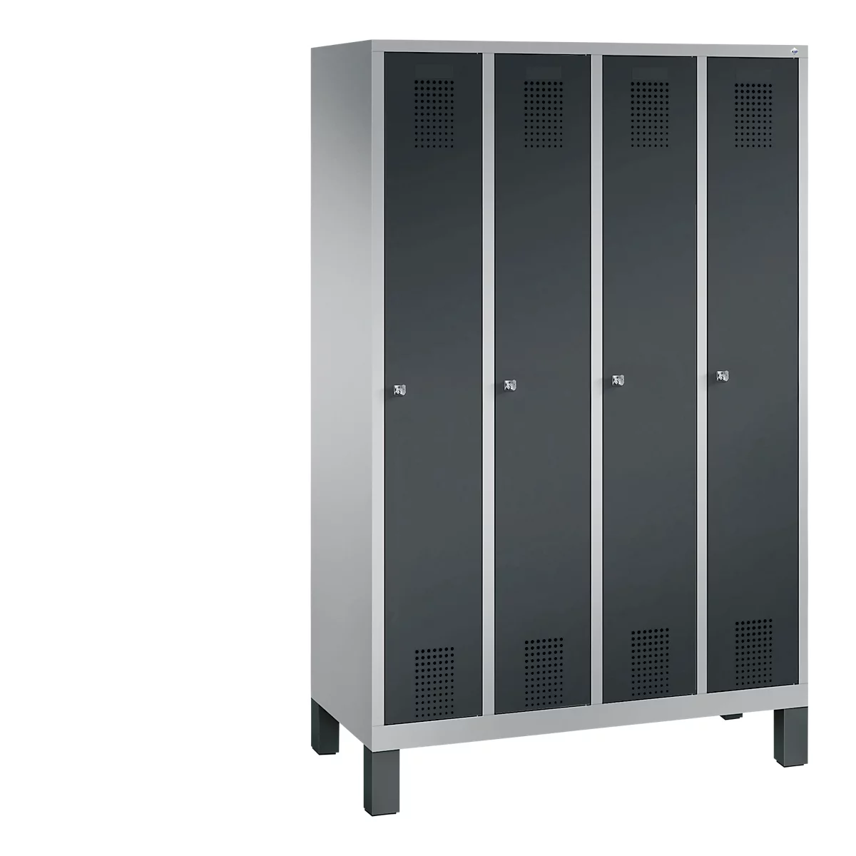 Vestiaire Evolo S 3000, acier, sur pieds, 4 compartiments, l. 300 mm chacun, serrure à cylindre, alu blanc RAL 9006/anthracite RAL 7016