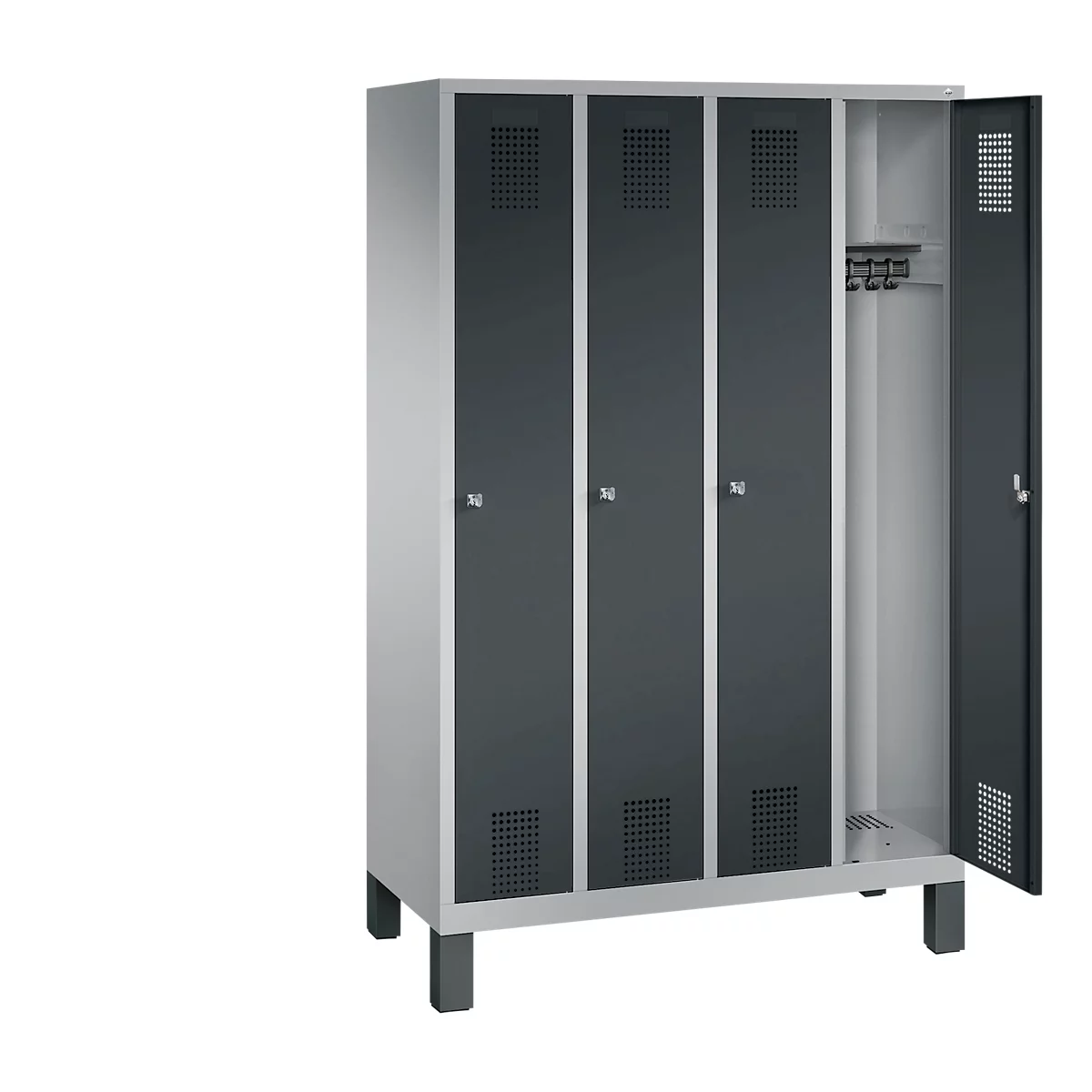 Vestiaire Evolo S 3000, acier, sur pieds, 4 compartiments, l. 300 mm chacun, serrure à cylindre, alu blanc RAL 9006/anthracite RAL 7016