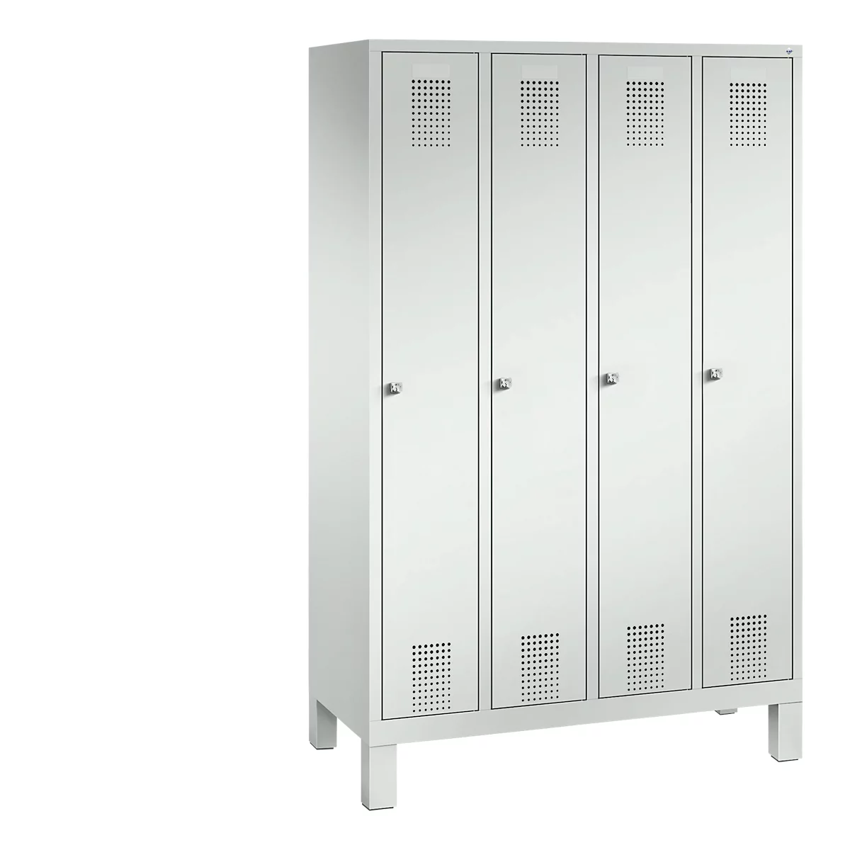 Vestiaire Evolo S 3000, acier, sur pieds, 4 compartiments, l. 300 mm chacun, serrure à cylindre, gris clair RAL 7035/gris clair RAL 7035