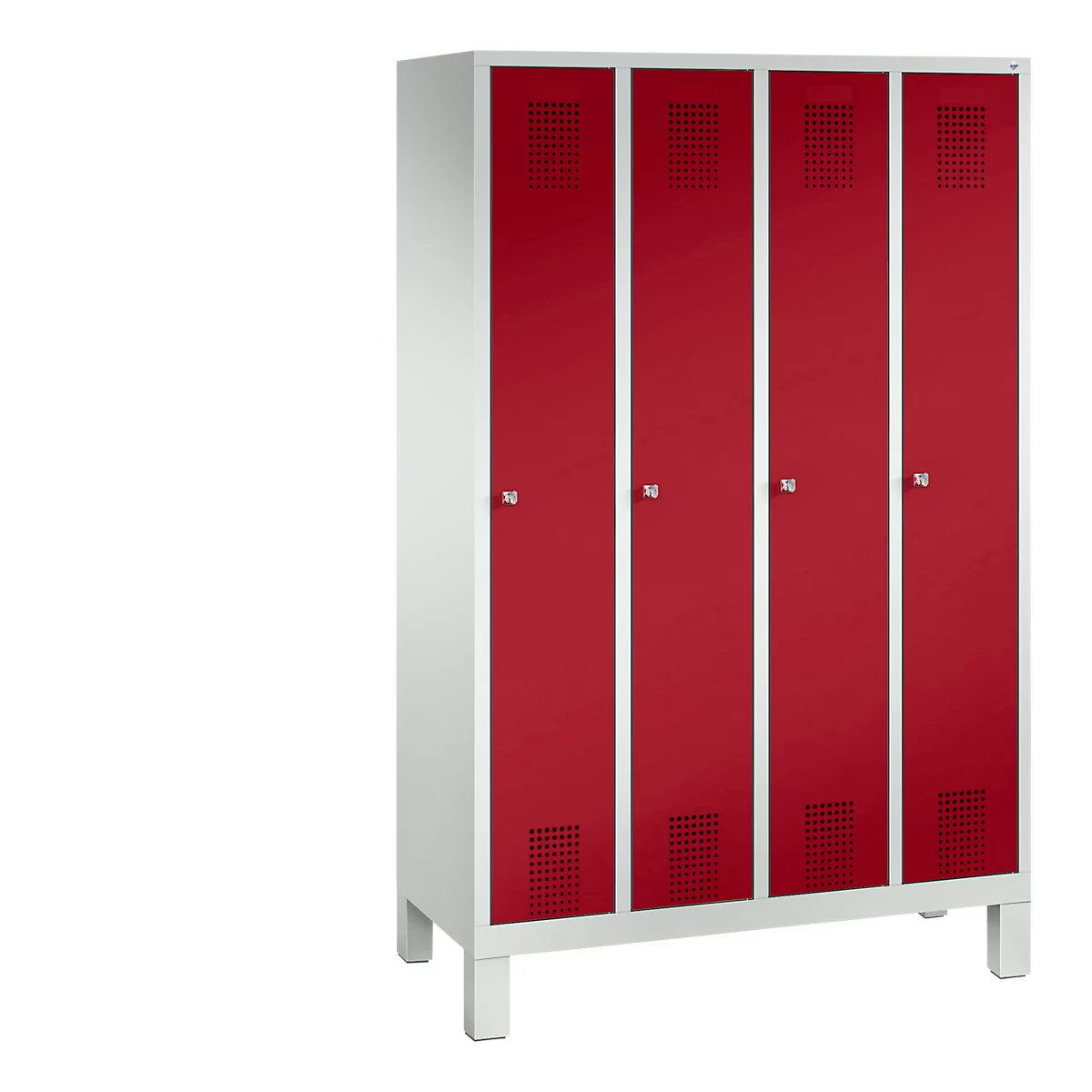 Vestiaire Evolo S 3000, acier, sur pieds, 4 compartiments, l. 300 mm chacun, serrure à cylindre, gris clair RAL 7035/rouge rubis RAL 3003