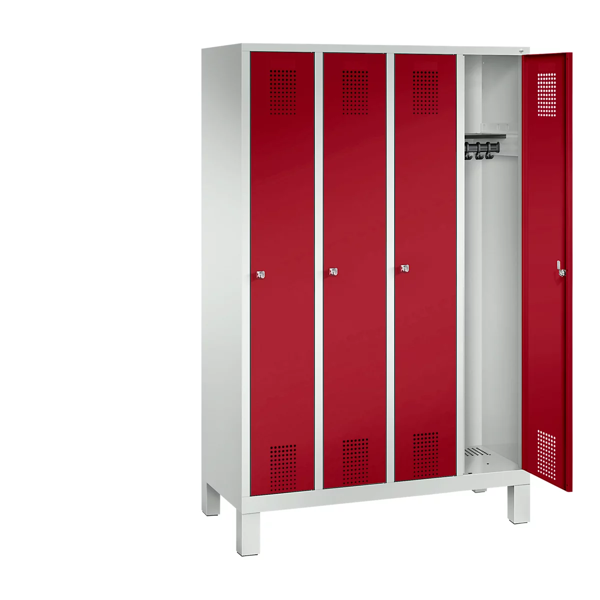 Vestiaire Evolo S 3000, acier, sur pieds, 4 compartiments, l. 300 mm chacun, serrure à cylindre, gris clair RAL 7035/rouge rubis RAL 3003