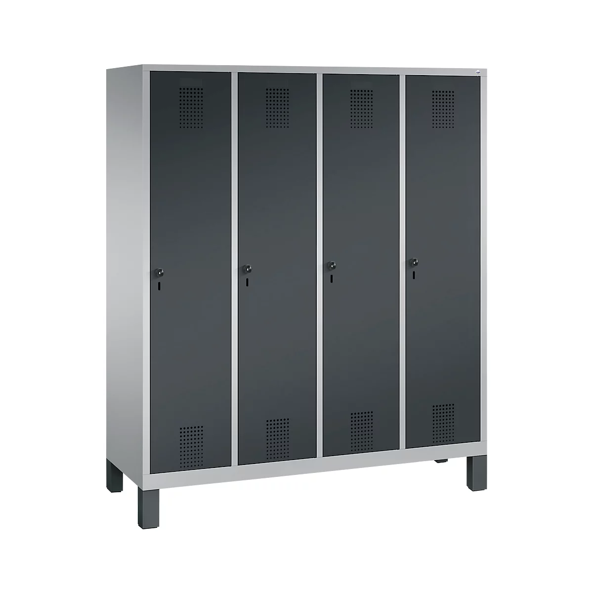 Vestiaire Evolo S 3000, acier, sur pieds, 4 compartiments, l. 400 mm chacun, came batteuse, alu blanc RAL 9006/anthracite RAL 7016