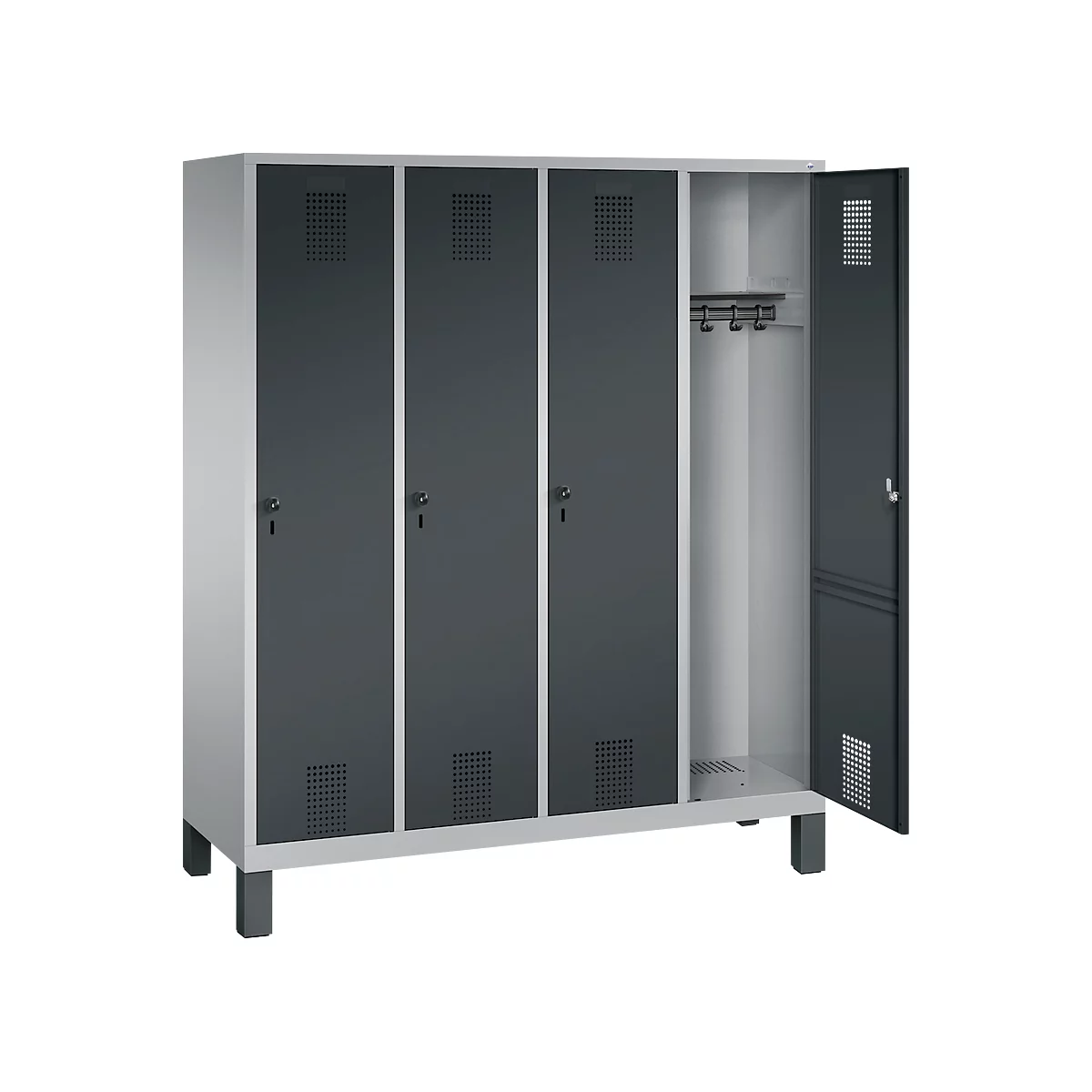 Vestiaire Evolo S 3000, acier, sur pieds, 4 compartiments, l. 400 mm chacun, came batteuse, alu blanc RAL 9006/anthracite RAL 7016