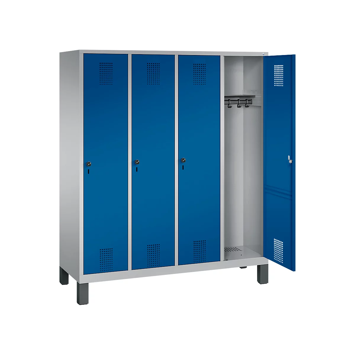 Vestiaire Evolo S 3000, acier, sur pieds, 4 compartiments, l. 400 mm chacun, came batteuse, alu blanc RAL 9006/bleu gentiane RAL 5010