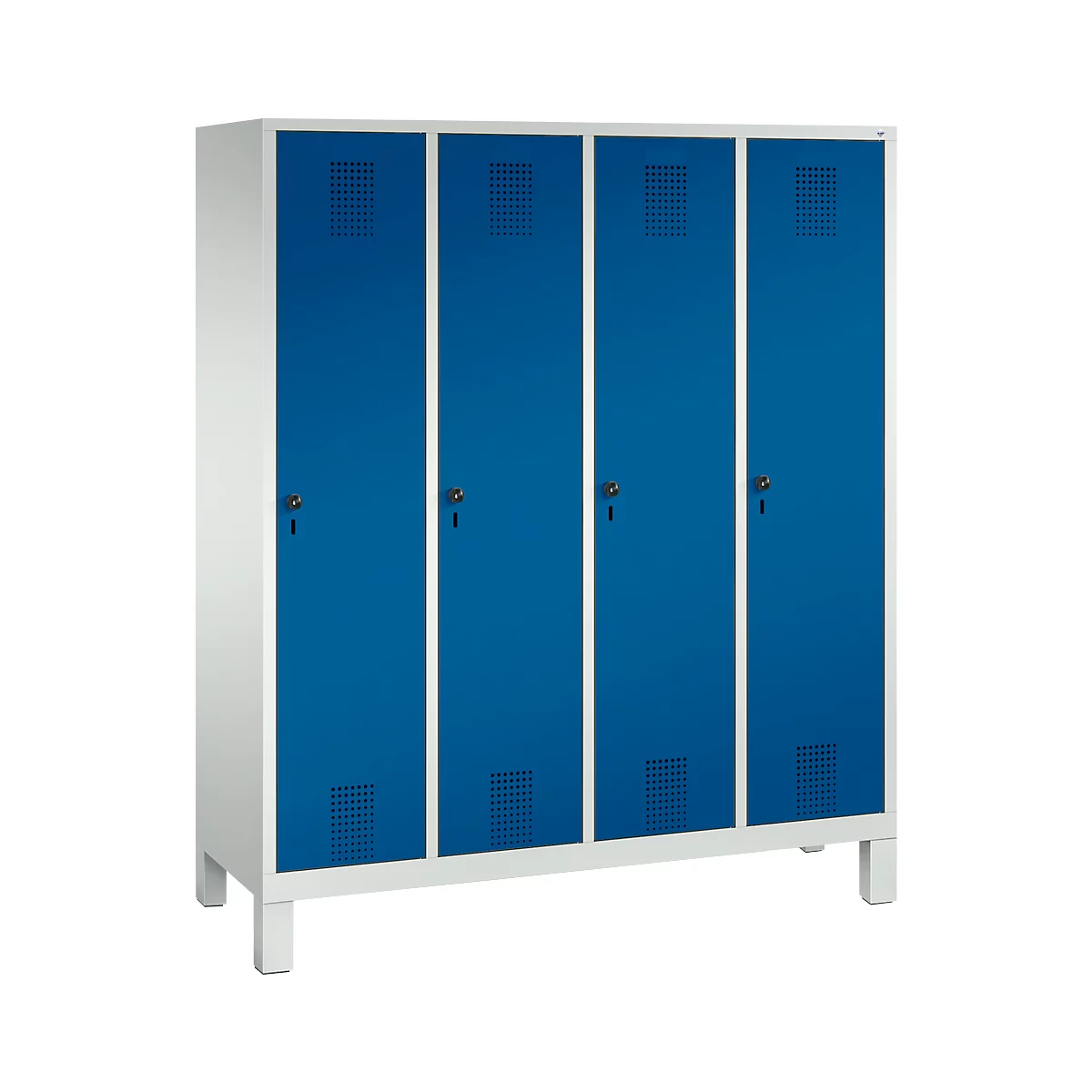 Vestiaire Evolo S 3000, acier, sur pieds, 4 compartiments, l. 400 mm chacun, came batteuse, gris clair RAL 7035/bleu gentiane RAL 5010