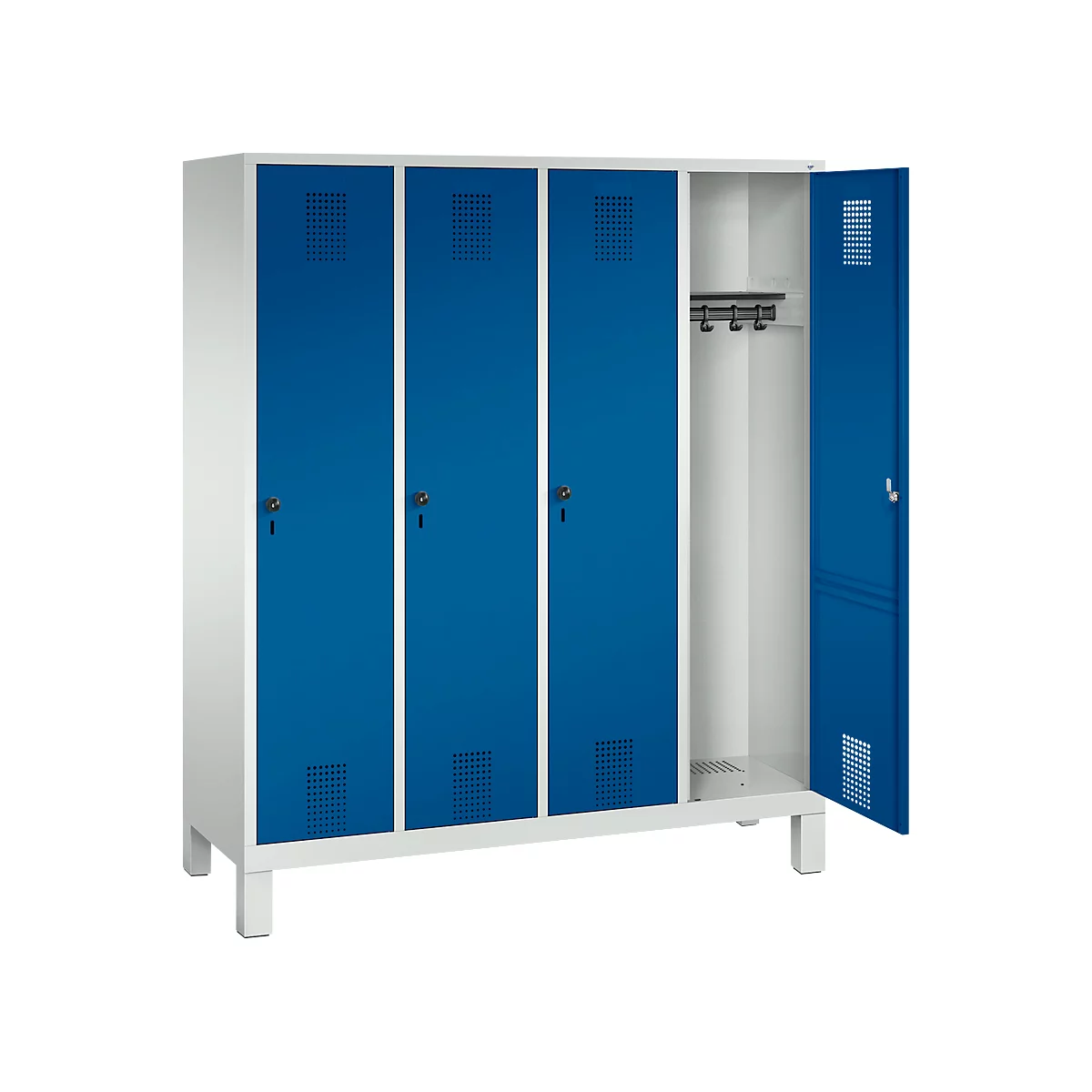 Vestiaire Evolo S 3000, acier, sur pieds, 4 compartiments, l. 400 mm chacun, came batteuse, gris clair RAL 7035/bleu gentiane RAL 5010