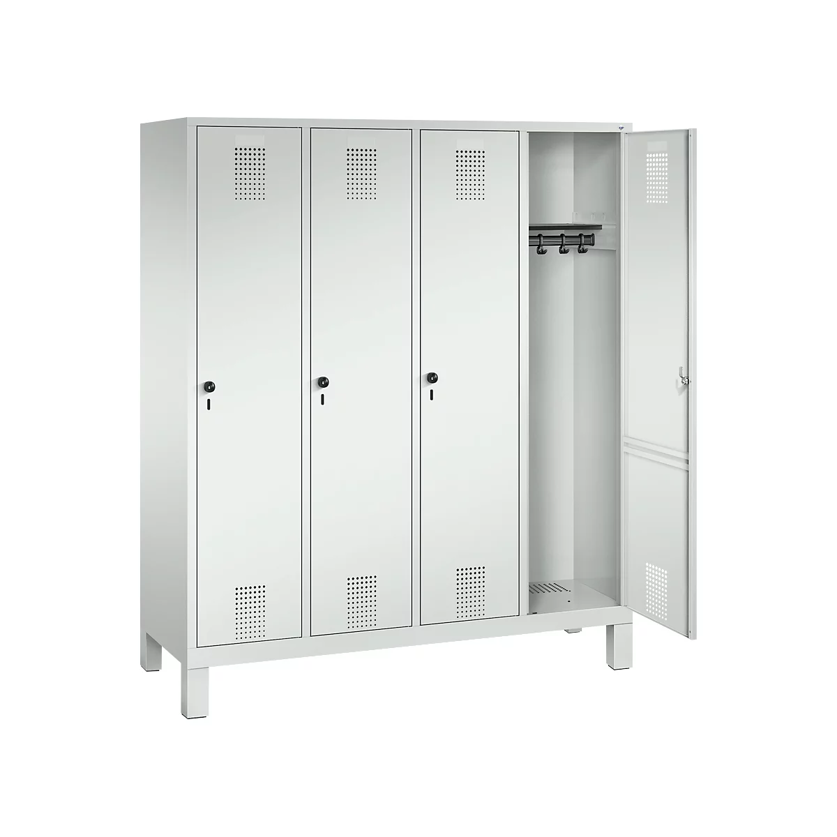 Vestiaire Evolo S 3000, acier, sur pieds, 4 compartiments, l. 400 mm chacun, came batteuse, gris clair RAL 7035/gris clair RAL 7035