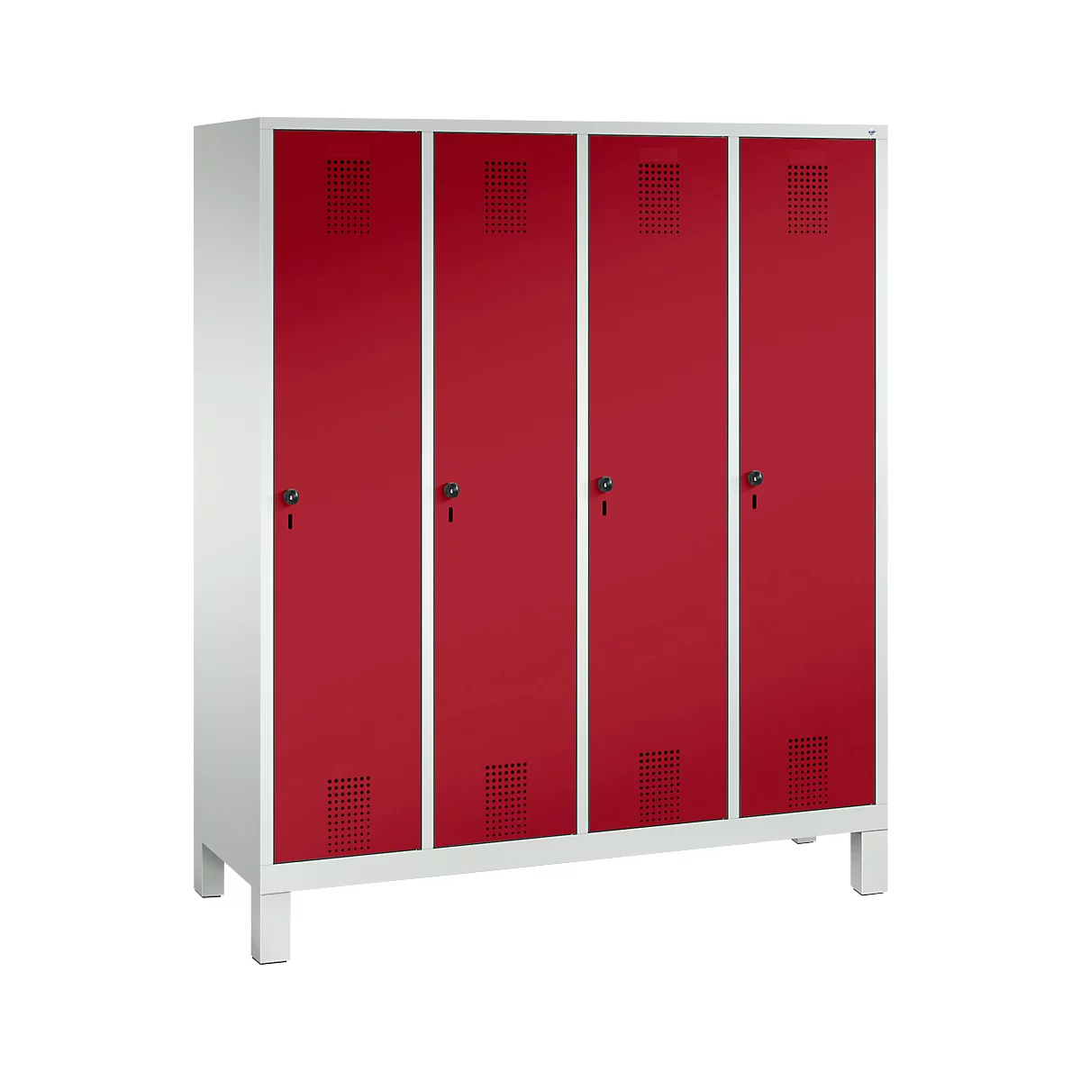 Vestiaire Evolo S 3000, acier, sur pieds, 4 compartiments, l. 400 mm chacun, came batteuse, gris clair RAL 7035/rouge rubis RAL 3003