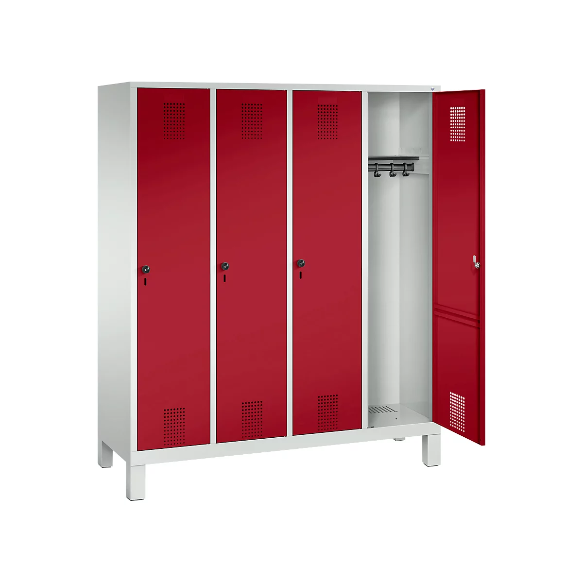 Vestiaire Evolo S 3000, acier, sur pieds, 4 compartiments, l. 400 mm chacun, came batteuse, gris clair RAL 7035/rouge rubis RAL 3003