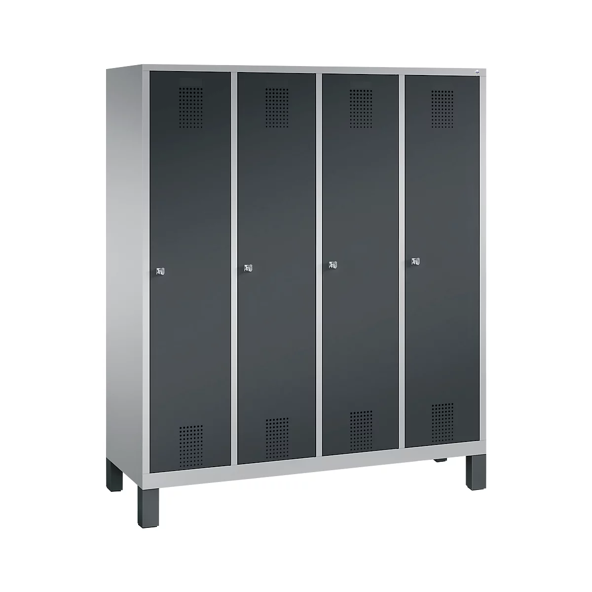 Vestiaire Evolo S 3000, acier, sur pieds, 4 compartiments, l. 400 mm chacun, serrure à cylindre, alu blanc RAL 9006/anthracite RAL 7016