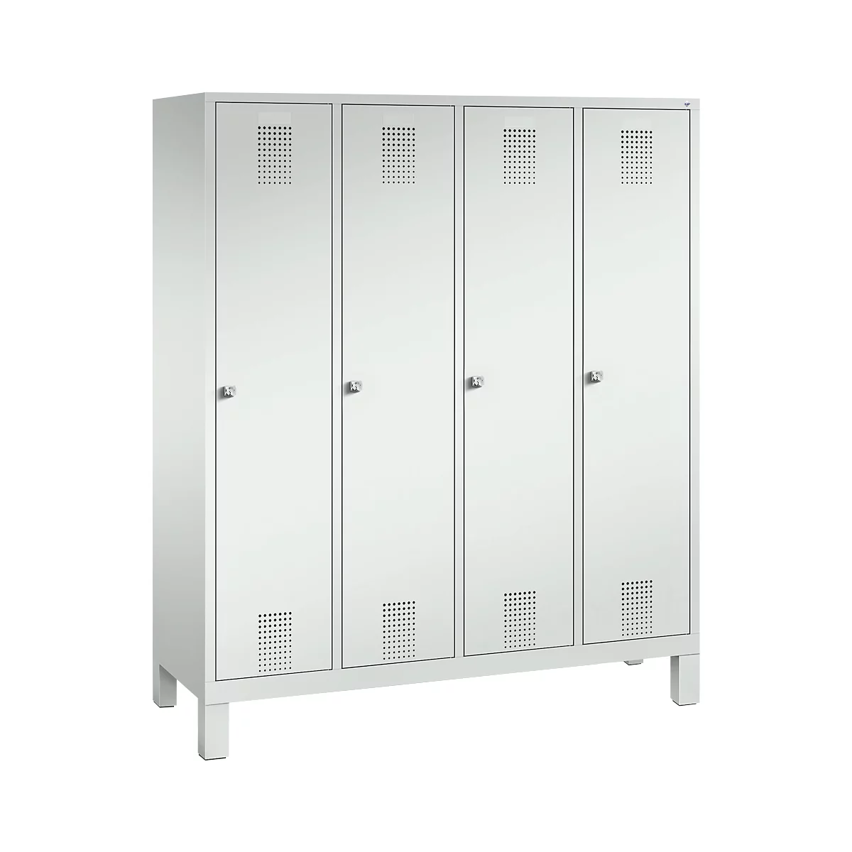 Vestiaire Evolo S 3000, acier, sur pieds, 4 compartiments, l. 400 mm chacun, serrure à cylindre, gris clair RAL 7035/gris clair RAL 7035