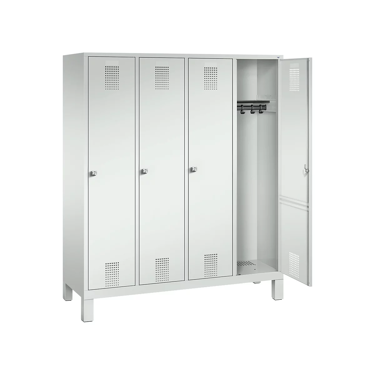 Vestiaire Evolo S 3000, acier, sur pieds, 4 compartiments, l. 400 mm chacun, serrure à cylindre, gris clair RAL 7035/gris clair RAL 7035
