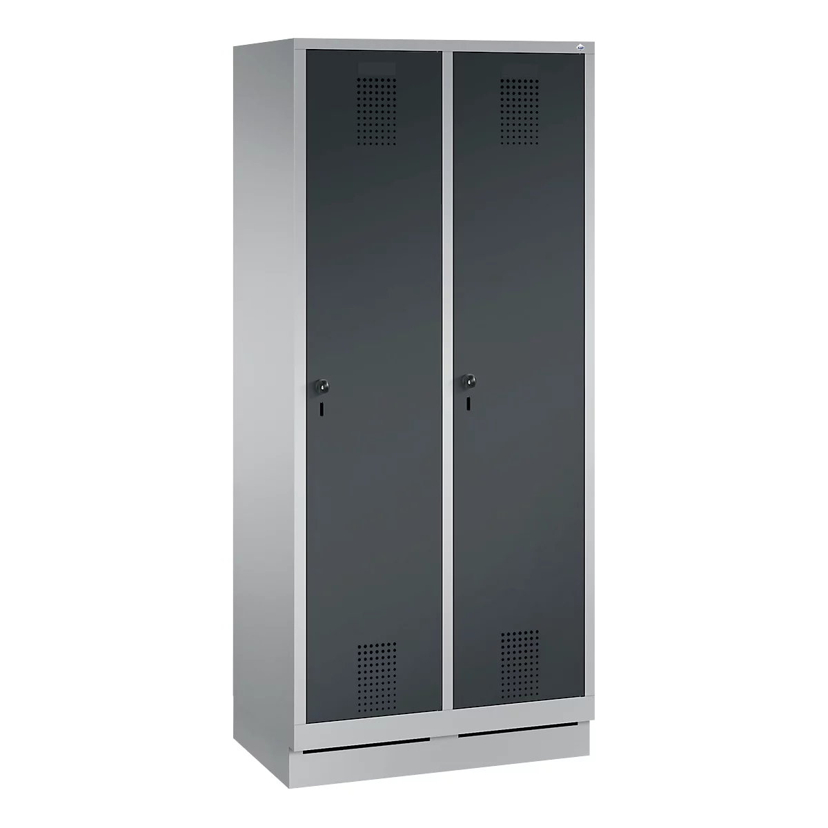 Vestiaire Evolo S 3000, acier, sur socle, 2 compartiments, l. 400 mm chacun, serrure de sécurité à came batteuse, alu blanc RAL 9006/anthracite RAL 7016
