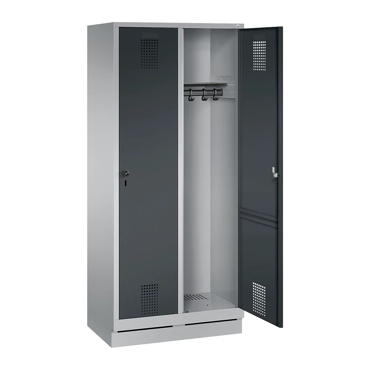 Vestiaire Evolo S 3000, acier, sur socle, 2 compartiments, l. 400 mm chacun, serrure de sécurité à came batteuse, alu blanc RAL 9006/anthracite RAL 7016