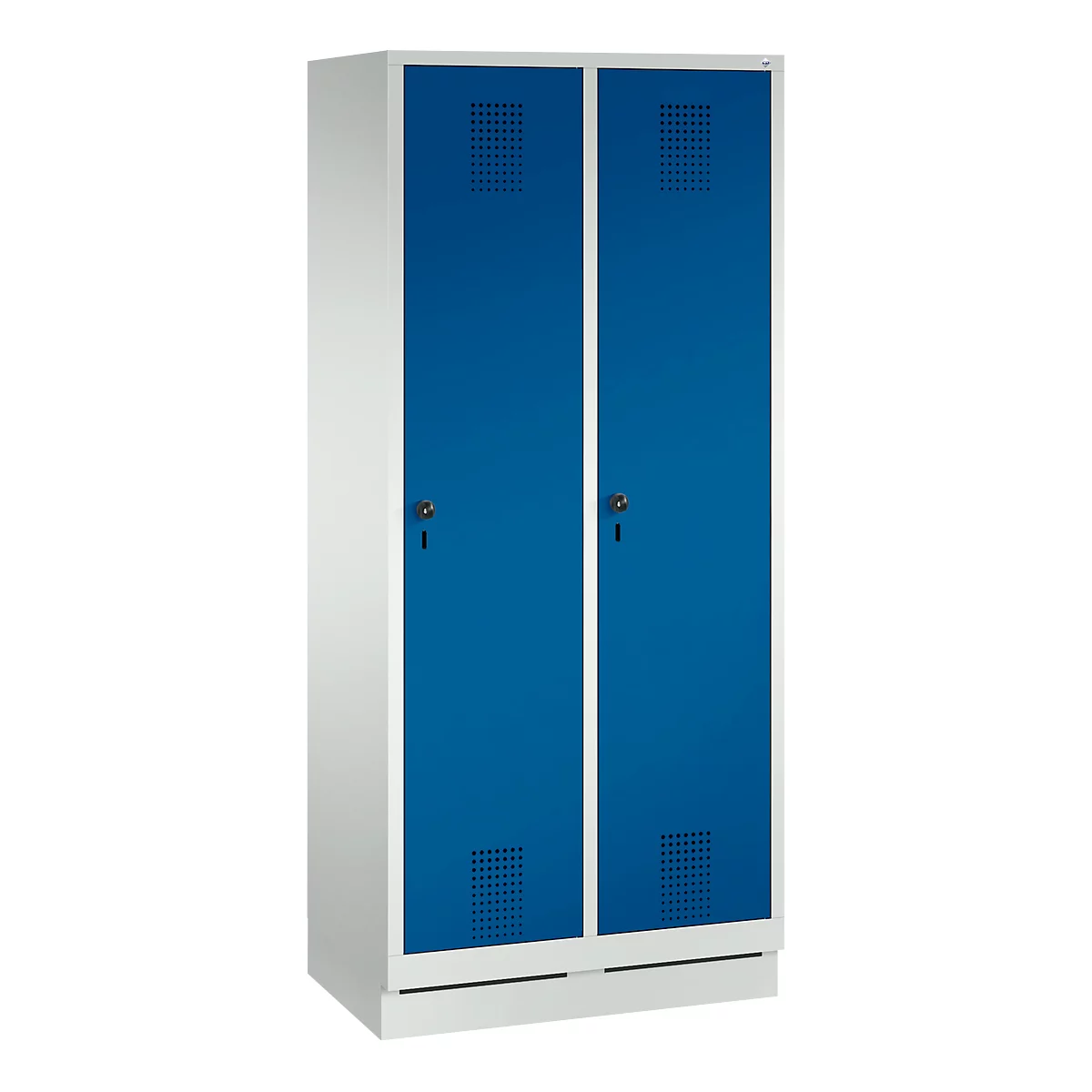 Vestiaire Evolo S 3000, acier, sur socle, 2 compartiments, l. 400 mm chacun, serrure de sécurité à came batteuse, gris clair RAL 7035/bleu gentiane RAL 5010