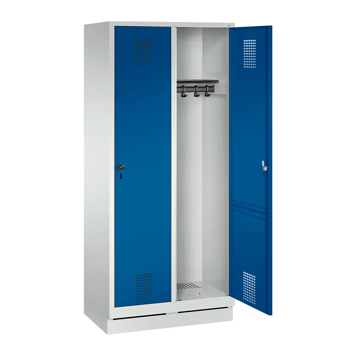 Vestiaire Evolo S 3000, acier, sur socle, 2 compartiments, l. 400 mm chacun, serrure de sécurité à came batteuse, gris clair RAL 7035/bleu gentiane RAL 5010