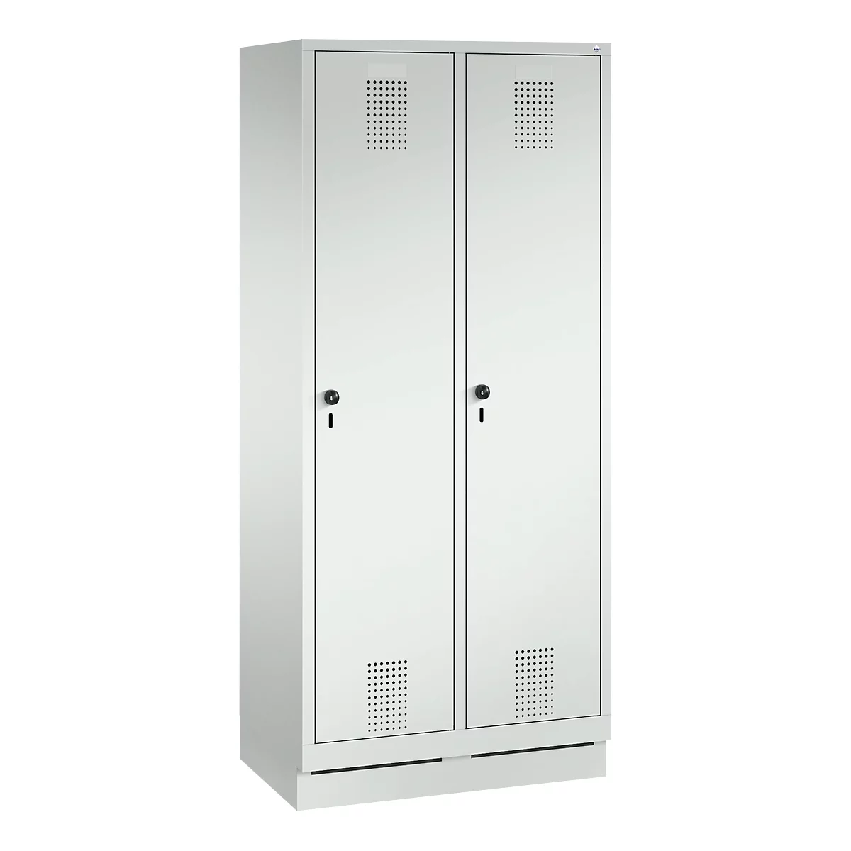 Vestiaire Evolo S 3000, acier, sur socle, 2 compartiments, l. 400 mm chacun, serrure de sécurité à came batteuse, gris clair RAL 7035/gris clair RAL 7035