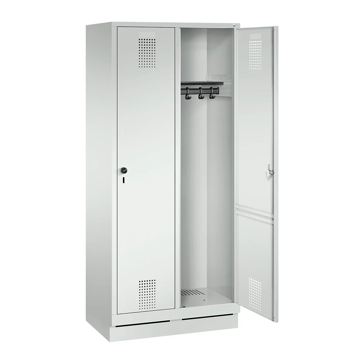 Vestiaire Evolo S 3000, acier, sur socle, 2 compartiments, l. 400 mm chacun, serrure de sécurité à came batteuse, gris clair RAL 7035/gris clair RAL 7035