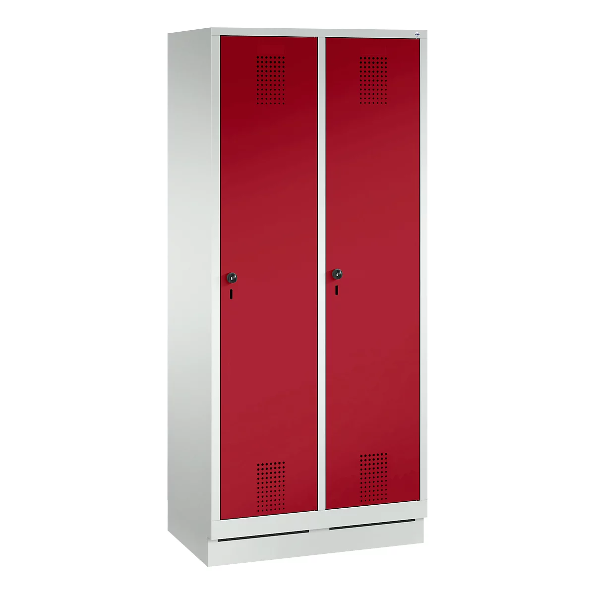 Vestiaire Evolo S 3000, acier, sur socle, 2 compartiments, l. 400 mm chacun, serrure de sécurité à came batteuse, gris clair RAL 7035/rouge rubis RAL 3003