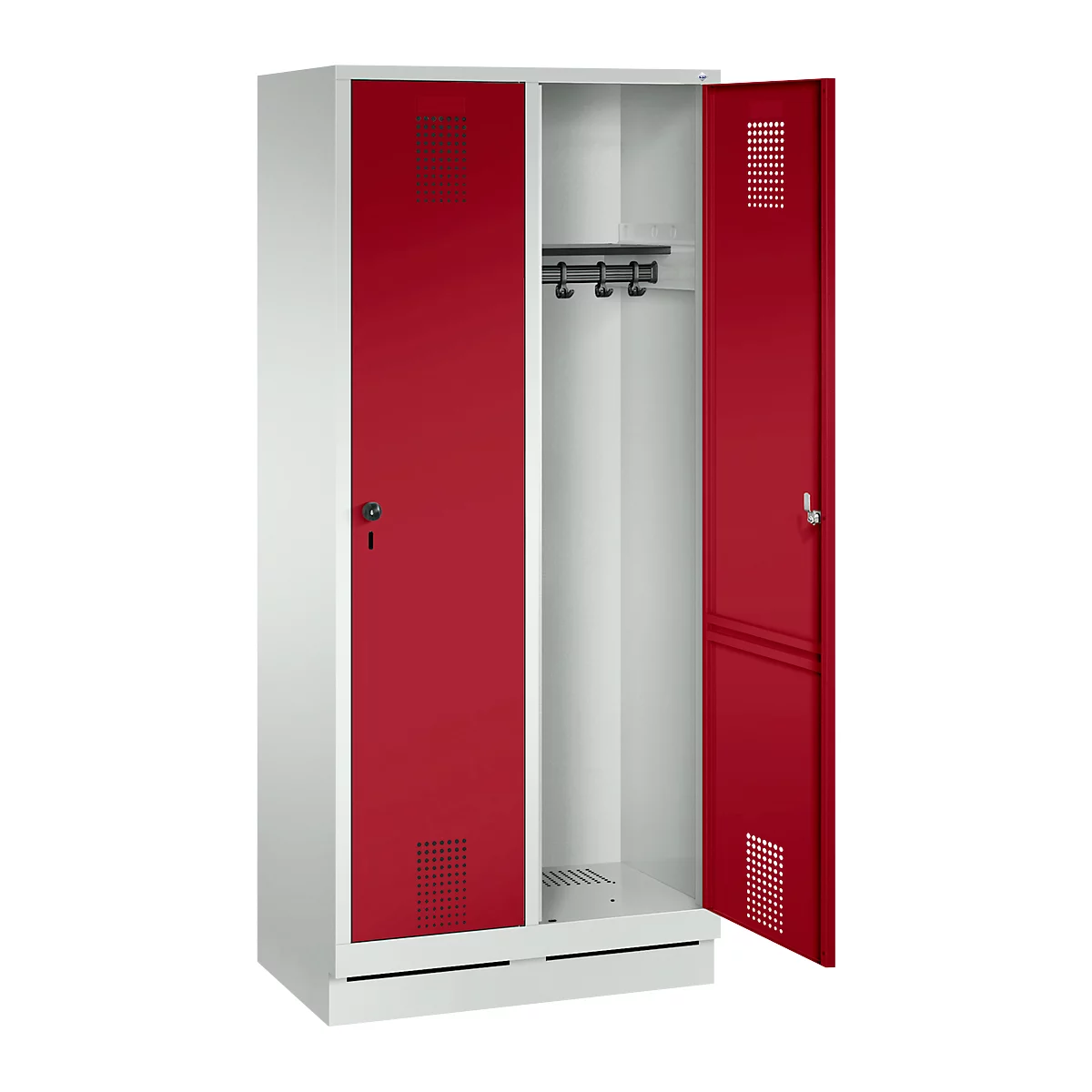Vestiaire Evolo S 3000, acier, sur socle, 2 compartiments, l. 400 mm chacun, serrure de sécurité à came batteuse, gris clair RAL 7035/rouge rubis RAL 3003