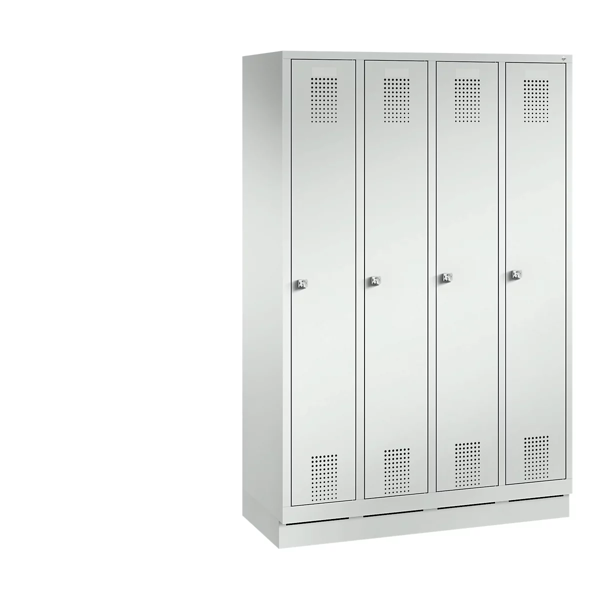 Vestiaire Evolo S 3000, acier, sur socle, 4 compartiments, l. 300 mm chacun, serrure à cylindre, gris clair RAL 7035/gris clair RAL 7035