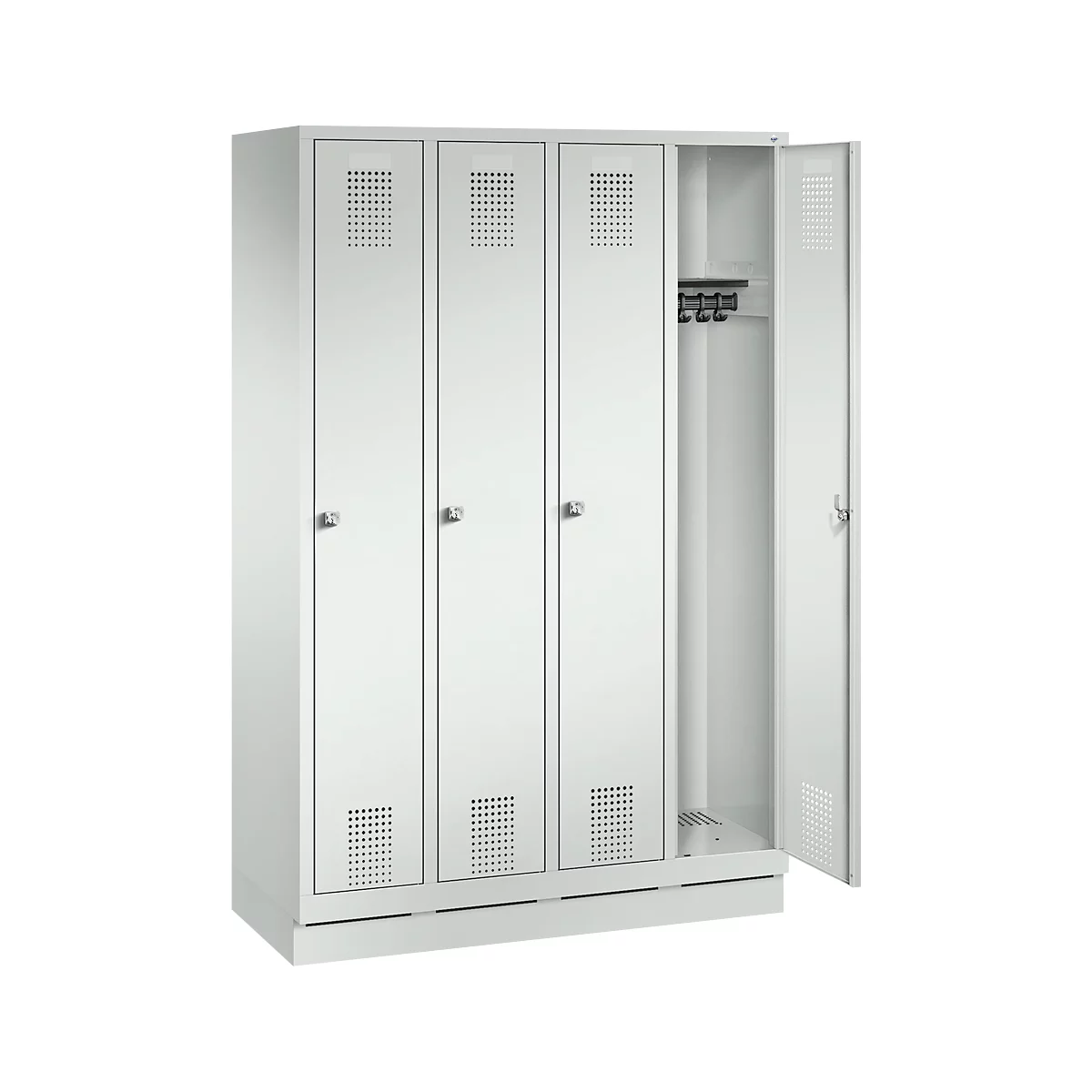 Vestiaire Evolo S 3000, acier, sur socle, 4 compartiments, l. 300 mm chacun, serrure à cylindre, gris clair RAL 7035/gris clair RAL 7035