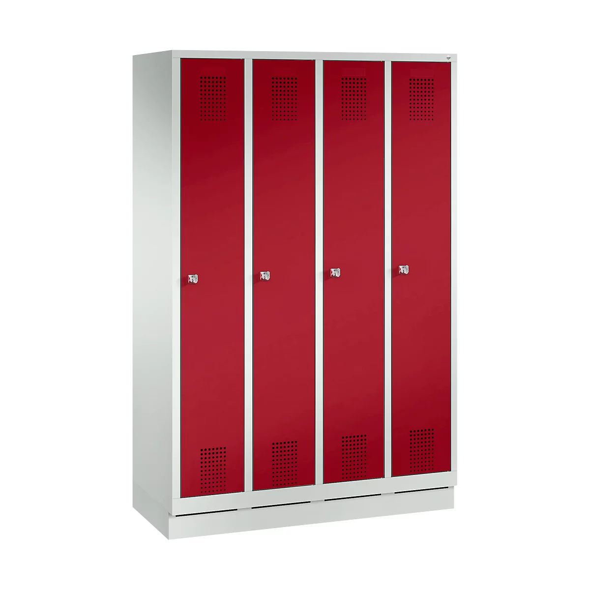 Vestiaire Evolo S 3000, acier, sur socle, 4 compartiments, l. 300 mm chacun, serrure à cylindre, gris clair RAL 7035/rouge rubis RAL 3003