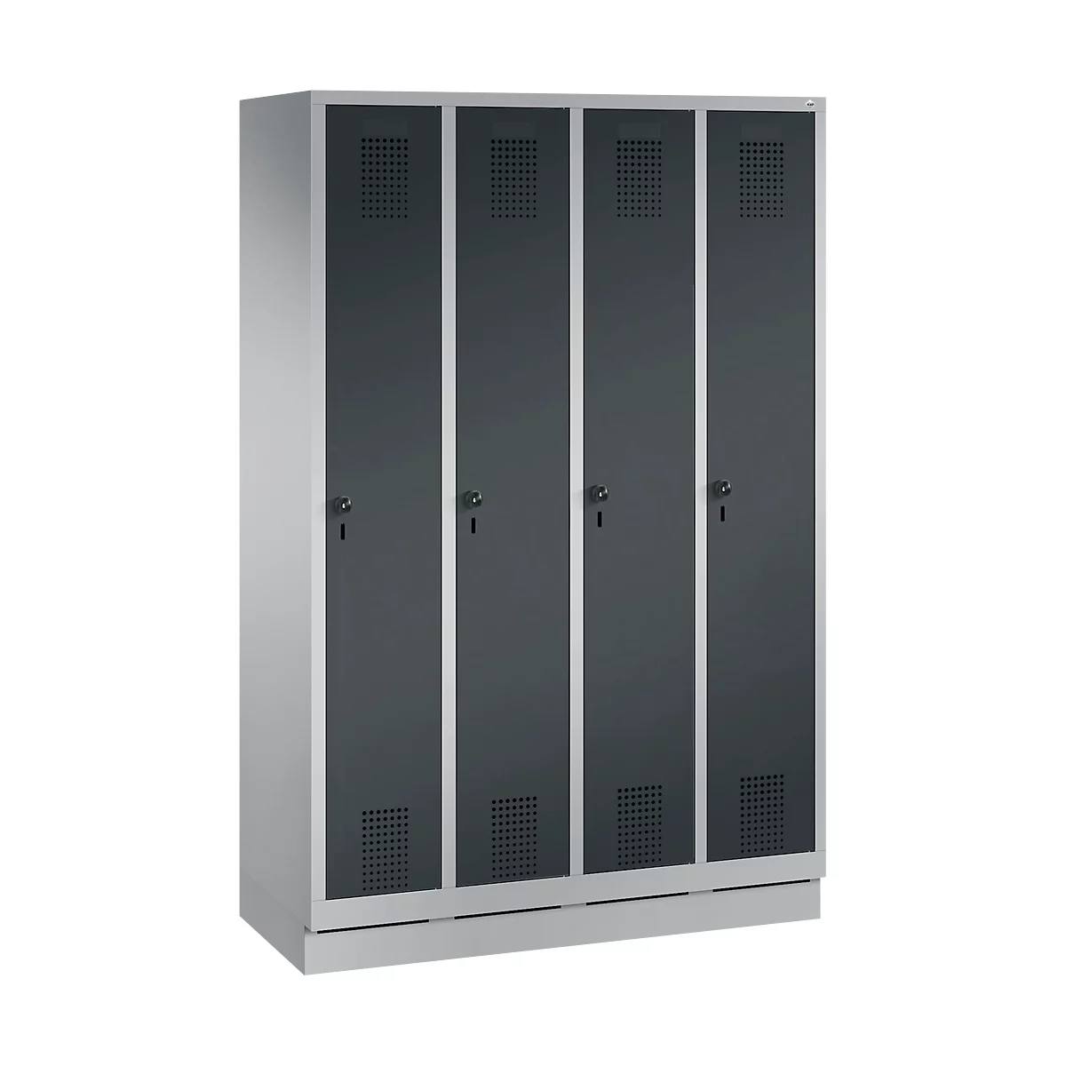 Vestiaire Evolo S 3000, acier, sur socle, 4 compartiments, l. 300 mm chacun, serrure de sécurité à came batteuse, alu blanc RAL 9006/anthracite RAL 7016