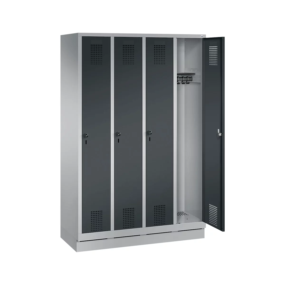 Vestiaire Evolo S 3000, acier, sur socle, 4 compartiments, l. 300 mm chacun, serrure de sécurité à came batteuse, alu blanc RAL 9006/anthracite RAL 7016