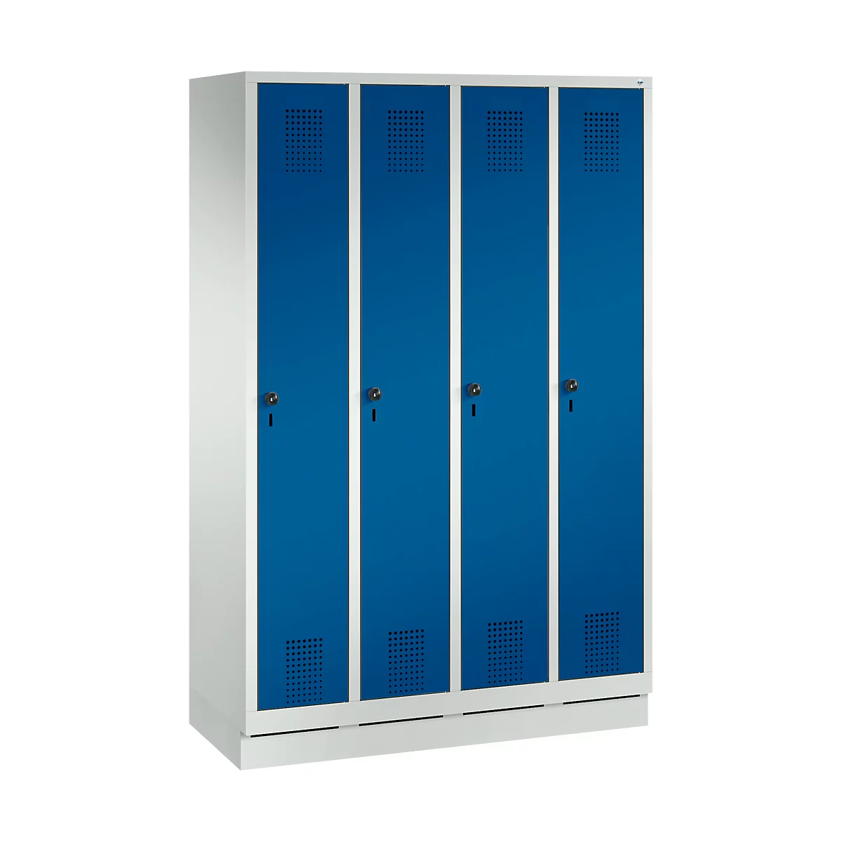 Vestiaire Evolo S 3000, acier, sur socle, 4 compartiments, l. 300 mm chacun, serrure de sécurité à came batteuse, gris clair RAL 7035/bleu gentiane RAL 5010