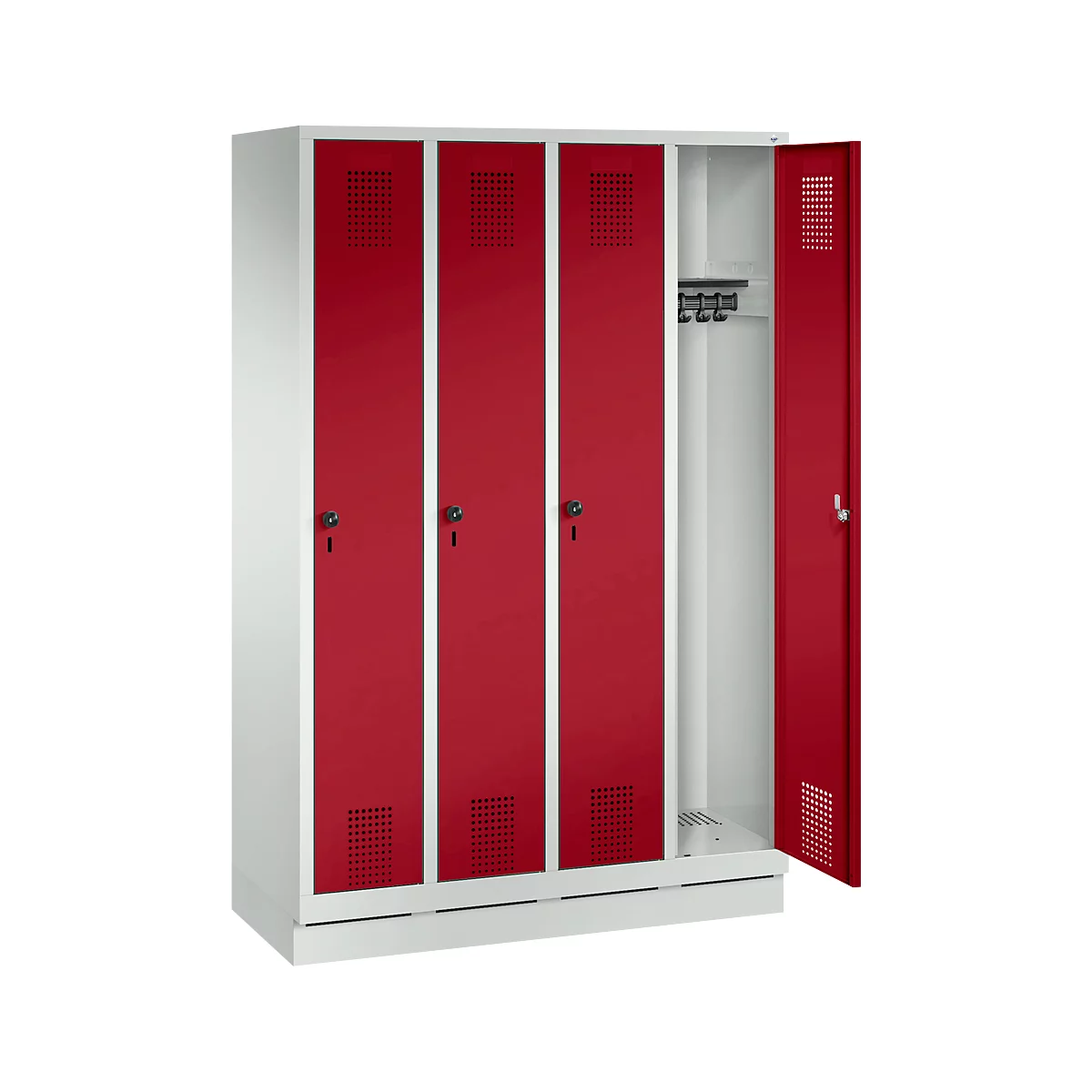 Vestiaire Evolo S 3000, acier, sur socle, 4 compartiments, l. 300 mm chacun, serrure de sécurité à came batteuse, gris clair RAL 7035/rouge rubis RAL 3003