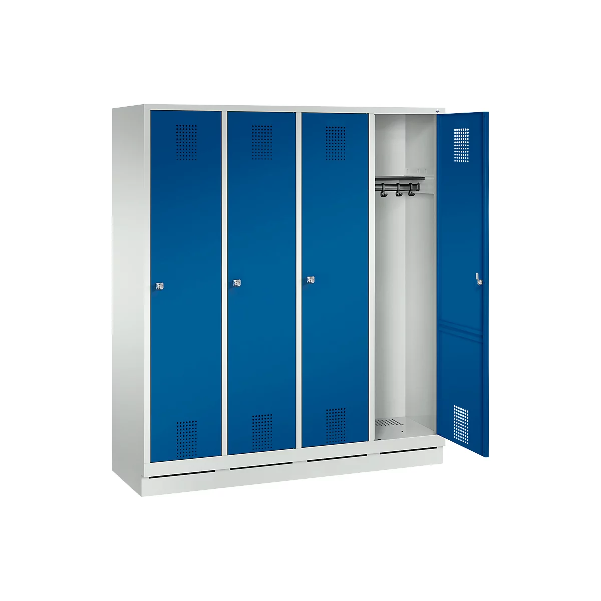 Vestiaire Evolo S 3000, acier, sur socle, 4 compartiments, l. 400 mm chacun, serrure à cylindre, gris clair RAL 7035/bleu gentiane RAL 5010