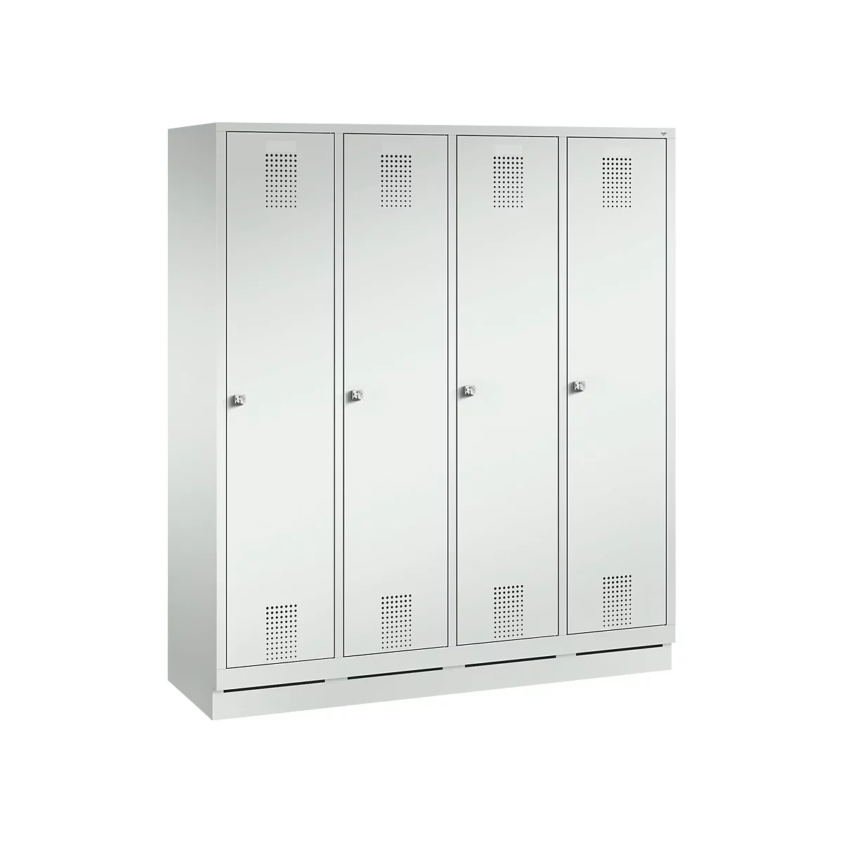 Vestiaire Evolo S 3000, acier, sur socle, 4 compartiments, l. 400 mm chacun, serrure à cylindre, gris clair RAL 7035/gris clair RAL 7035