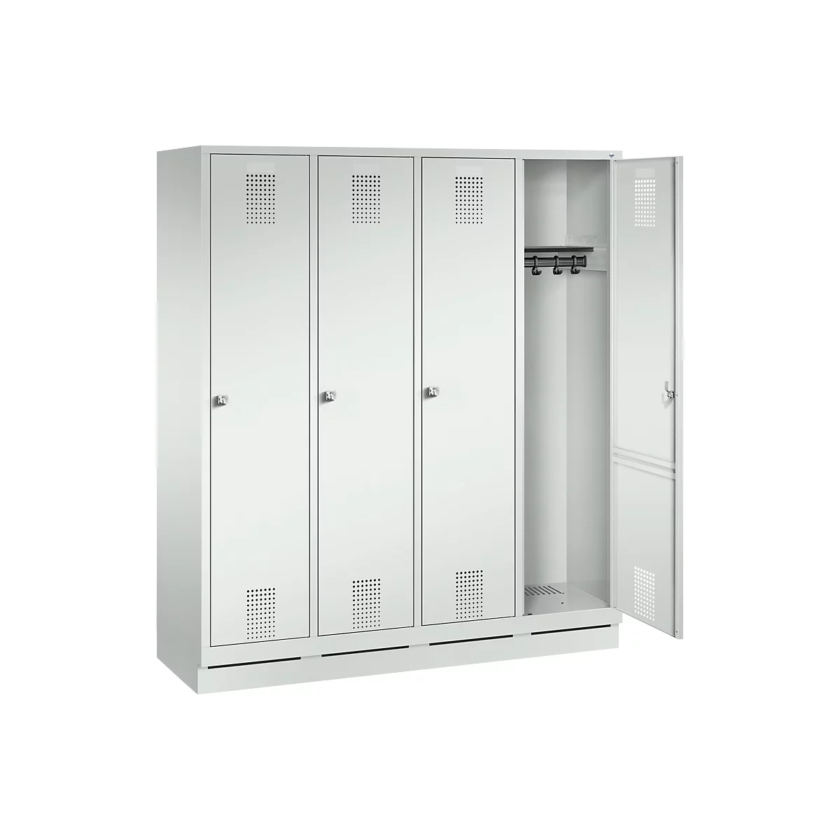 Vestiaire Evolo S 3000, acier, sur socle, 4 compartiments, l. 400 mm chacun, serrure à cylindre, gris clair RAL 7035/gris clair RAL 7035