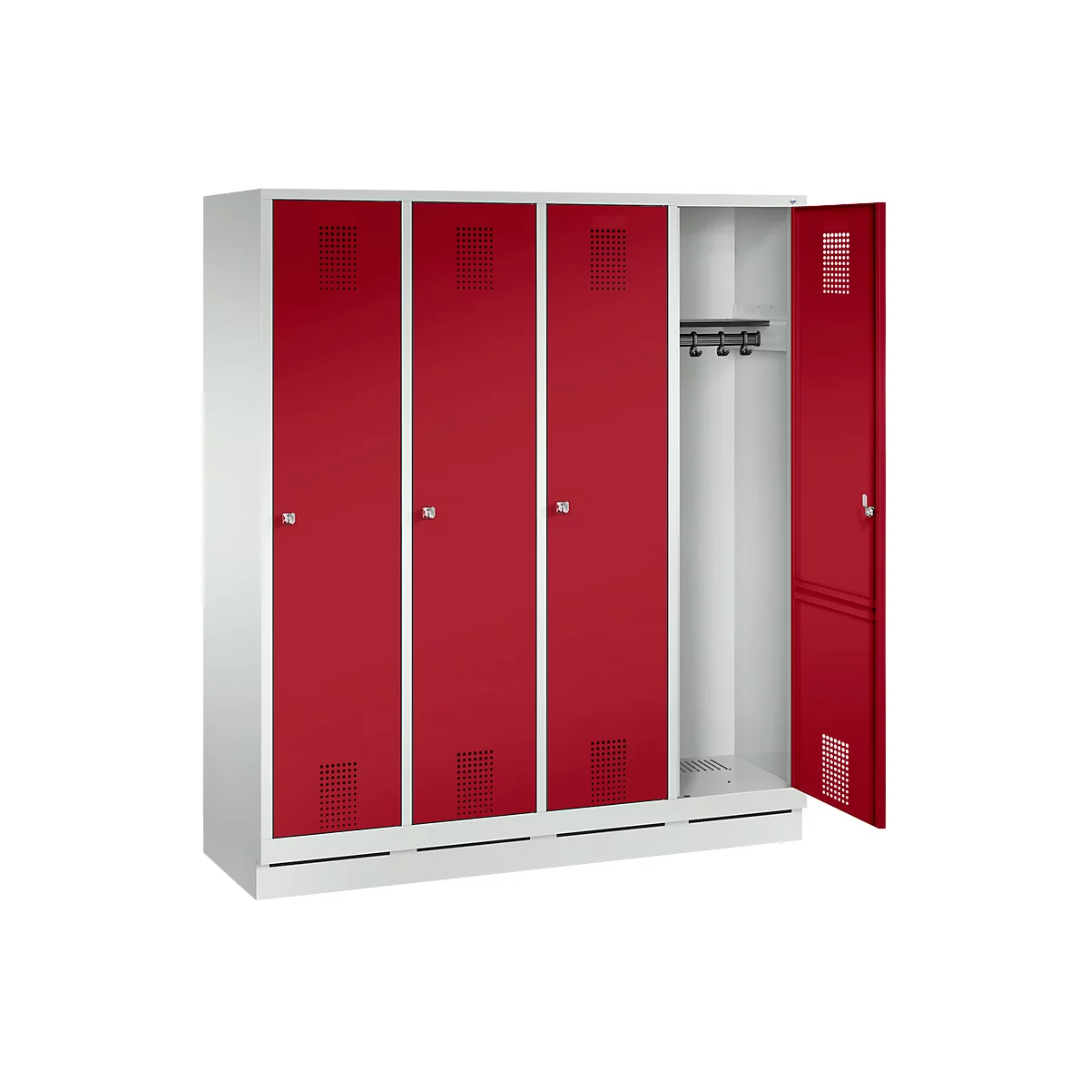 Vestiaire Evolo S 3000, acier, sur socle, 4 compartiments, l. 400 mm chacun, serrure à cylindre, gris clair RAL 7035/rouge rubis RAL 3003