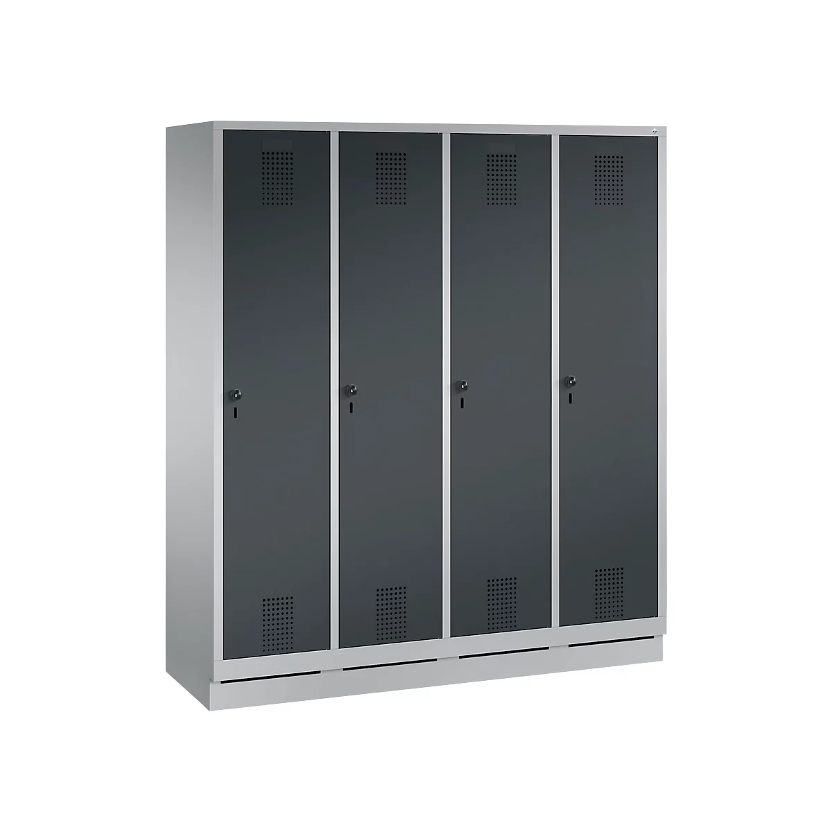 Vestiaire Evolo S 3000, acier, sur socle, 4 compartiments, l. 400 mm chacun, serrure de sécurité à came batteuse, alu blanc RAL 9006/anthracite RAL 7016