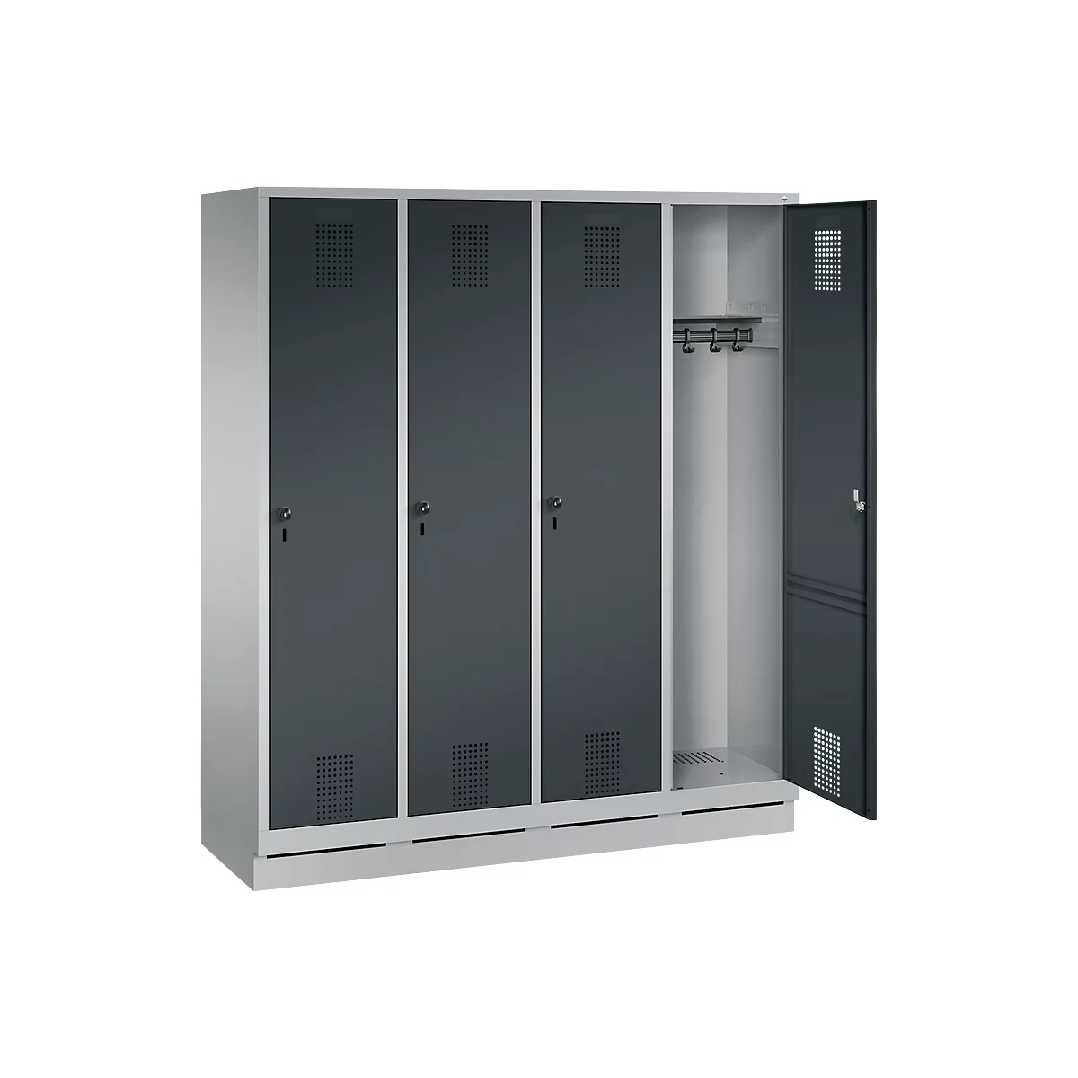 Vestiaire Evolo S 3000, acier, sur socle, 4 compartiments, l. 400 mm chacun, serrure de sécurité à came batteuse, alu blanc RAL 9006/anthracite RAL 7016