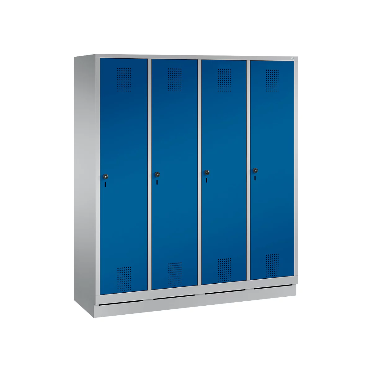 Vestiaire Evolo S 3000, acier, sur socle, 4 compartiments, l. 400 mm chacun, serrure de sécurité à came batteuse, alu blanc RAL 9006/bleu gentiane RAL 5010