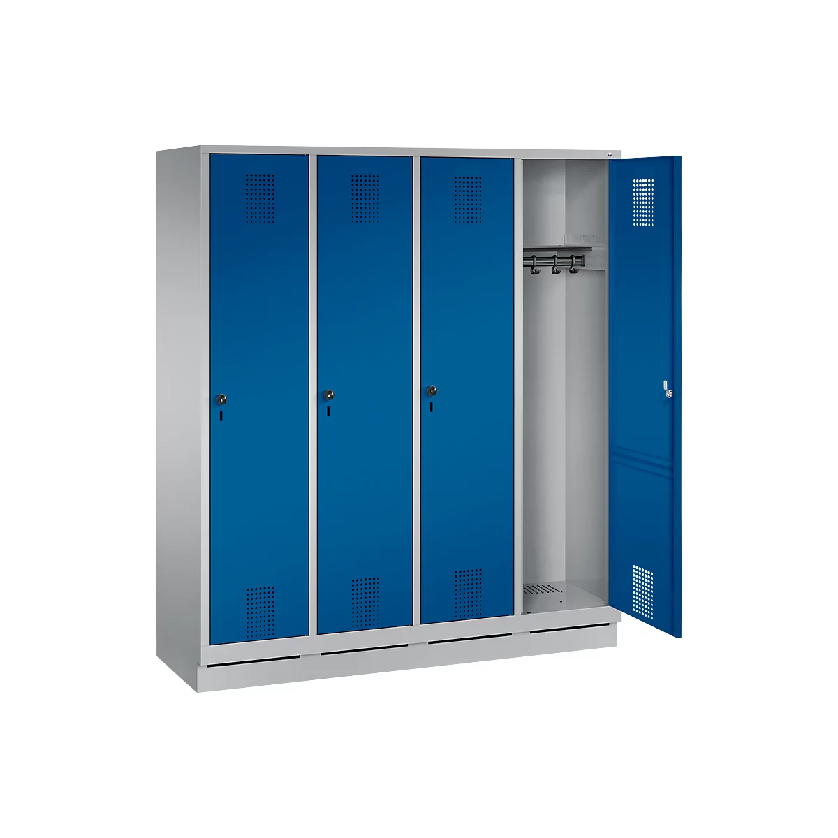 Vestiaire Evolo S 3000, acier, sur socle, 4 compartiments, l. 400 mm chacun, serrure de sécurité à came batteuse, alu blanc RAL 9006/bleu gentiane RAL 5010