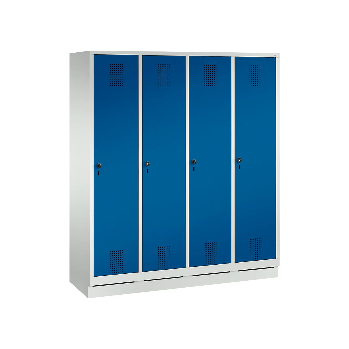 Vestiaire Evolo S 3000, acier, sur socle, 4 compartiments, l. 400 mm chacun, serrure de sécurité à came batteuse, gris clair RAL 7035/bleu gentiane RAL 5010