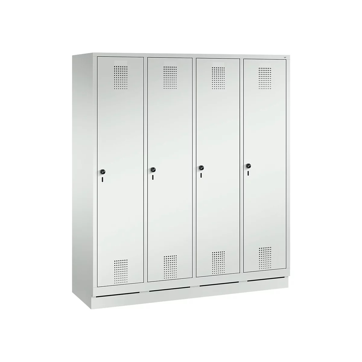 Vestiaire Evolo S 3000, acier, sur socle, 4 compartiments, l. 400 mm chacun, serrure de sécurité à came batteuse, gris clair RAL 7035/gris clair RAL 7035