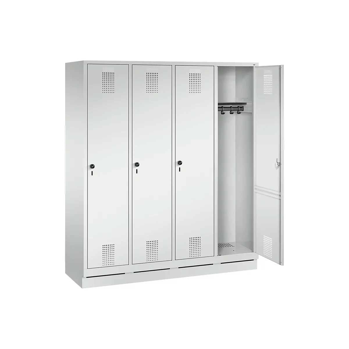 Vestiaire Evolo S 3000, acier, sur socle, 4 compartiments, l. 400 mm chacun, serrure de sécurité à came batteuse, gris clair RAL 7035/gris clair RAL 7035