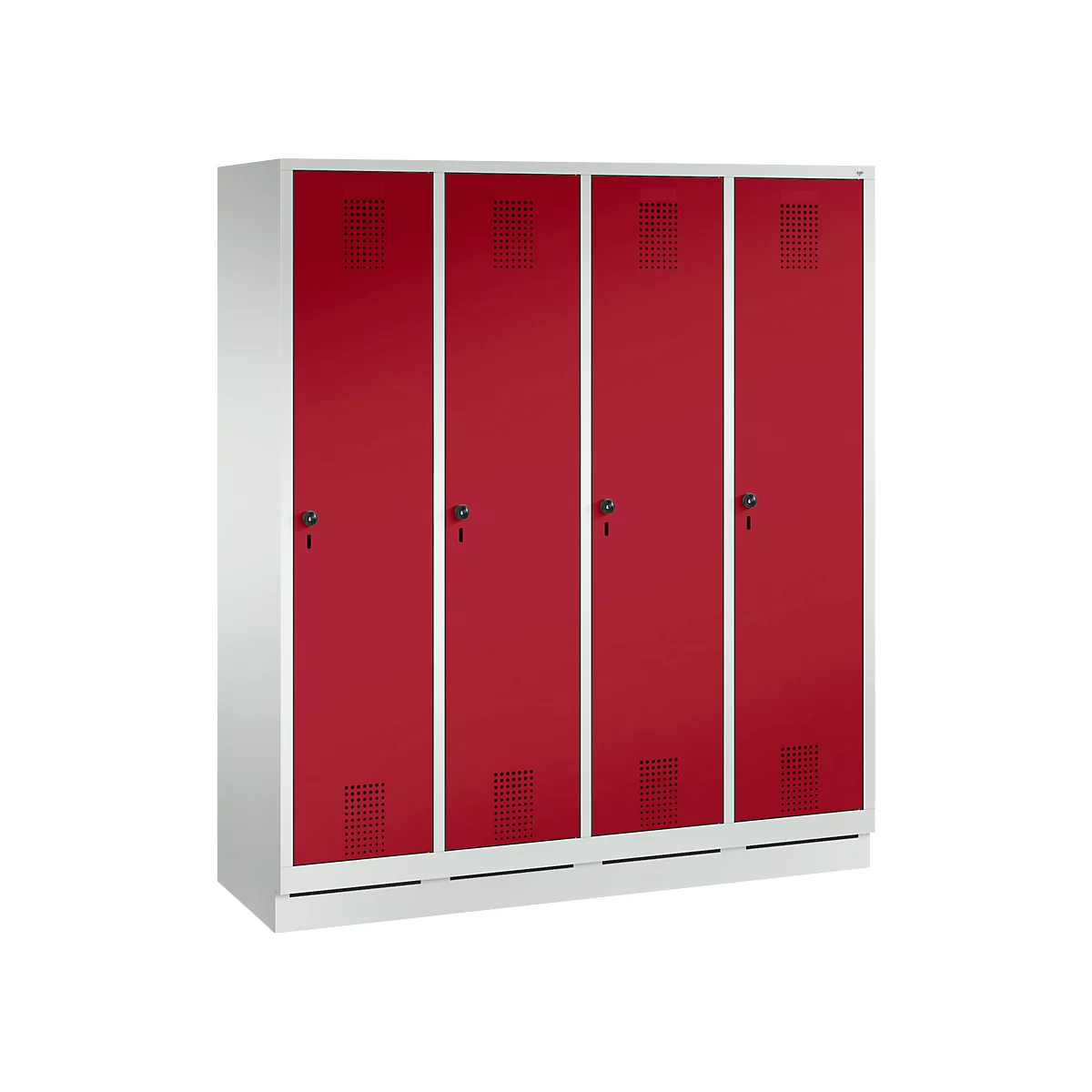 Vestiaire Evolo S 3000, acier, sur socle, 4 compartiments, l. 400 mm chacun, serrure de sécurité à came batteuse, gris clair RAL 7035/rouge rubis RAL 3003