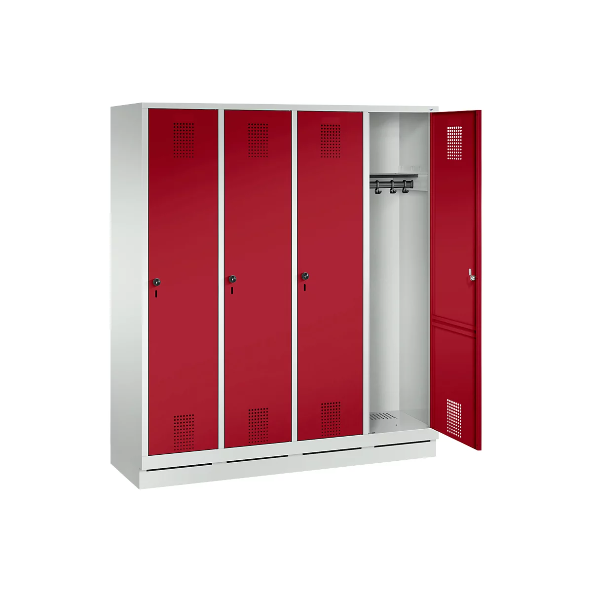 Vestiaire Evolo S 3000, acier, sur socle, 4 compartiments, l. 400 mm chacun, serrure de sécurité à came batteuse, gris clair RAL 7035/rouge rubis RAL 3003