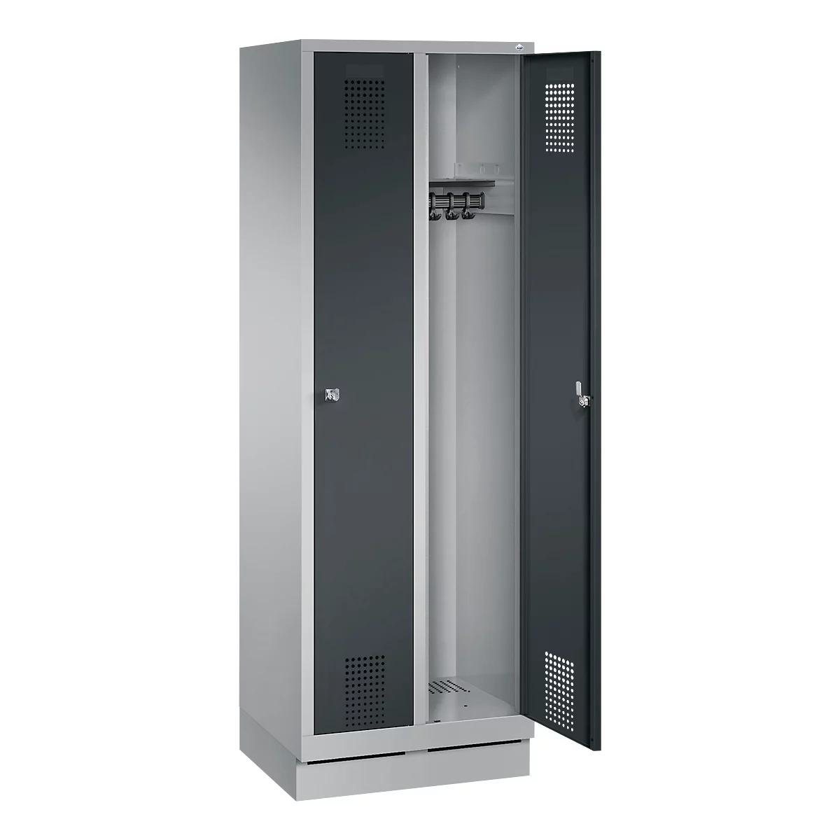 Vestiaire Evolo S 3000, avec socle, 2 compartiments, serrure à cylindre, aluminium blanc RAL 9006/anthracite RAL 7016