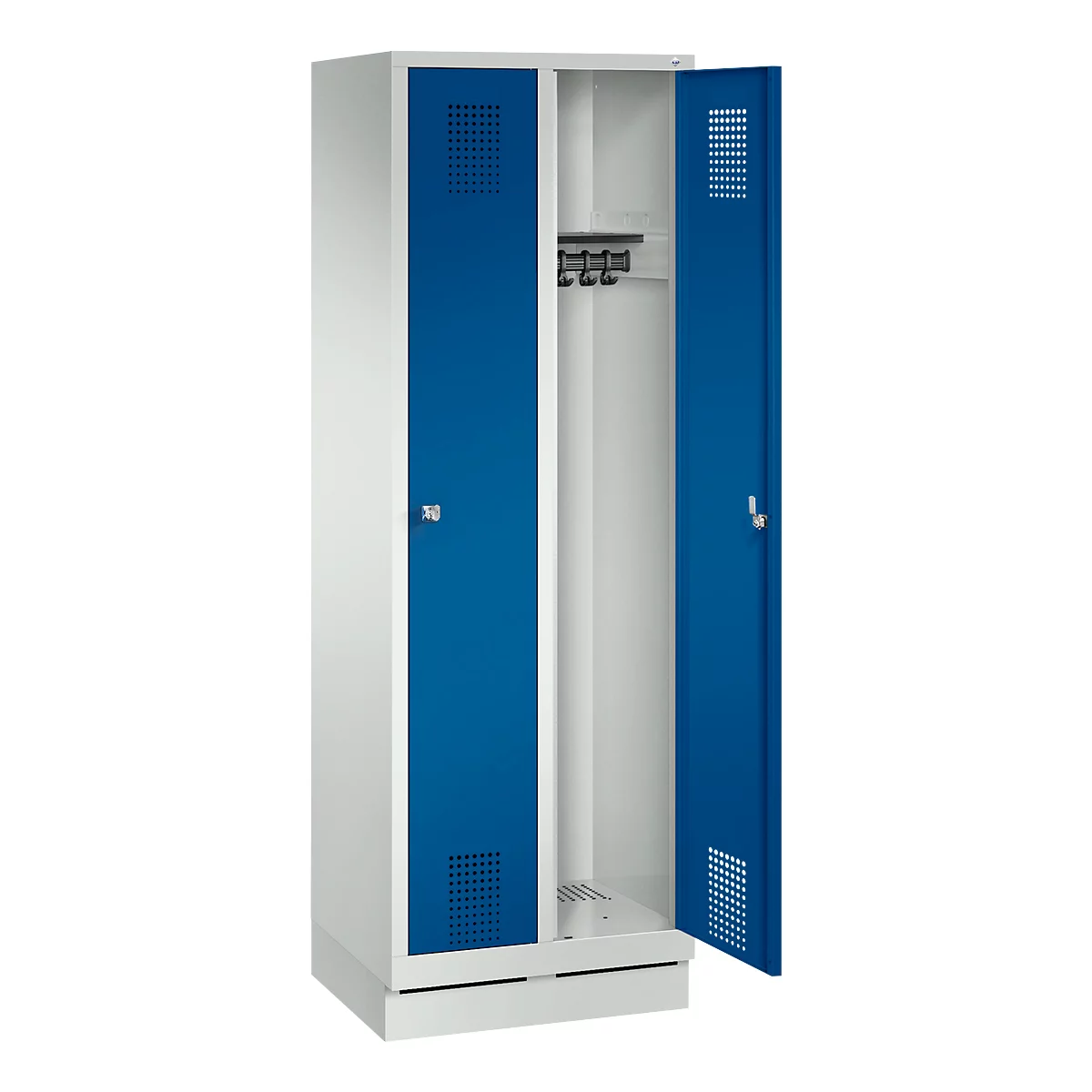 Vestiaire Evolo S 3000, avec socle, 2 compartiments, serrure à cylindre, gris clair RAL 7035/bleu de gentiane RAL 5010