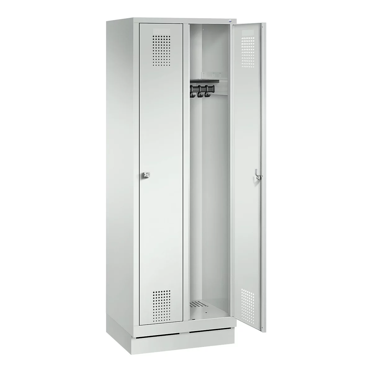 Vestiaire Evolo S 3000, avec socle, 2 compartiments, serrure à cylindre, gris clair RAL 7035/gris clair RAL 7035