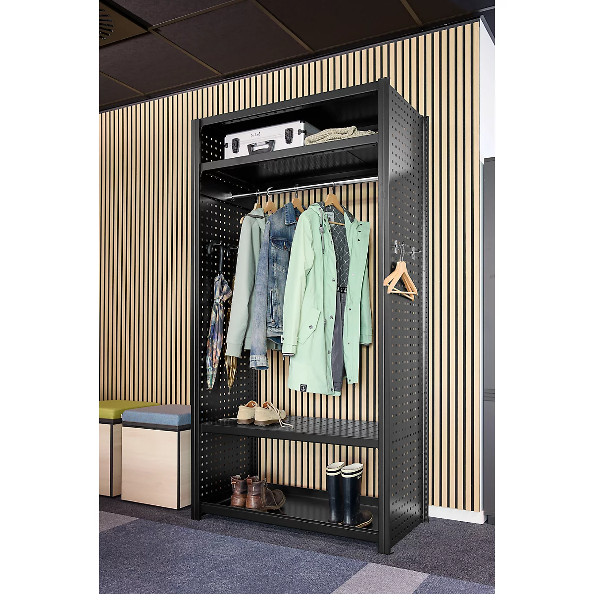 Vestiaire ORDO Flex - rayonnage emboîtable - acier - modulaire - l. 1060 x P 535 x H 2000 mm - charge admissible 1200 kg - noir profond RAL 9005