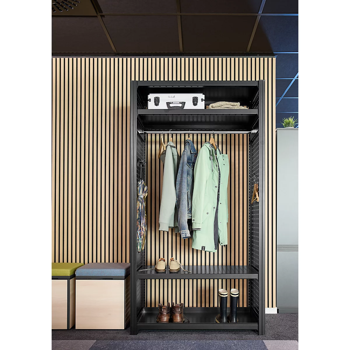 Vestiaire ORDO Flex - rayonnage emboîtable - acier - modulaire - l. 1060 x P 535 x H 2000 mm - charge admissible 1200 kg - noir profond RAL 9005