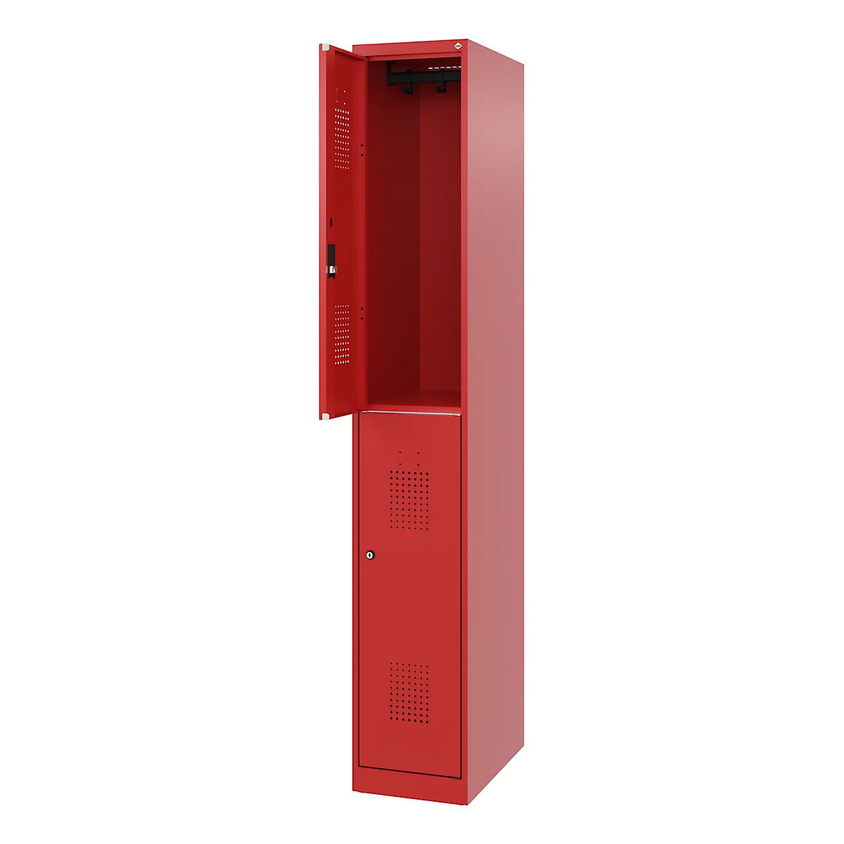 Casier rouge à deux niveaux, porte supérieure ouverte, porte inférieure fermée.